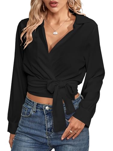 Vrtige Women's Wrap V Neck Self Tie Knot Long Sleeve Blouse Shirt Crop Top3