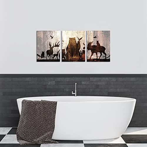 Sechars Vintage Animal Canvas Wall Art Forest Deer Bear Picture Art Prints 3 Piece Brown Farmhouse Painting For Home Cabin Wall Decoration Gallery Wrapp Ready To Hang Each Piece 12X16 #TOP1