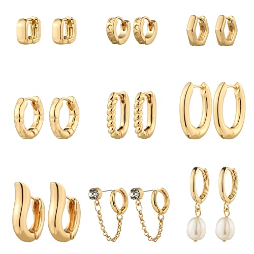 9 Pairs Gold Chunky Hoop Earrings Set for Women, 14K Gold Plated Twisted Huggie Hoop Earring...