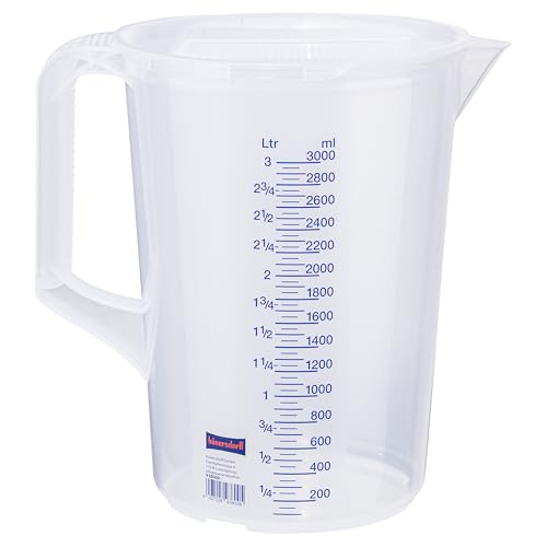 hünersdorff Messbecher 3l | Polypropylen (PP) | bruchsicher und spülmaschinengeeignet | geschlossener Griff | blaue Skala, Transparent+blau