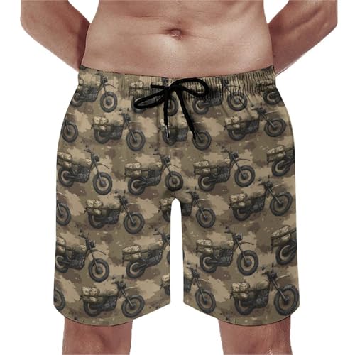 Hawaiian Shorts for Men - Comfy Green Camouflage Motorcycle Print Mens Swim Trunks Bathing Suits with Mesh Lining