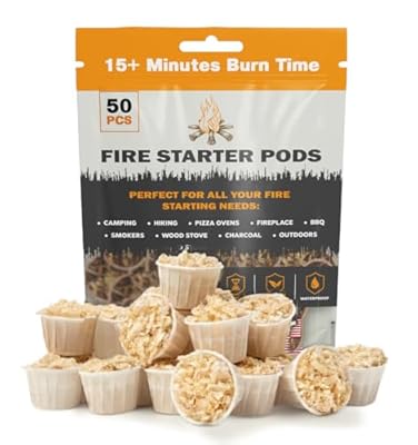 Quick to Light Wax Fire Starters Camping | 15+ Min Burn Time, Fire Starters for Fireplace & Campfire with Waterproof Matches (Pack of 50)