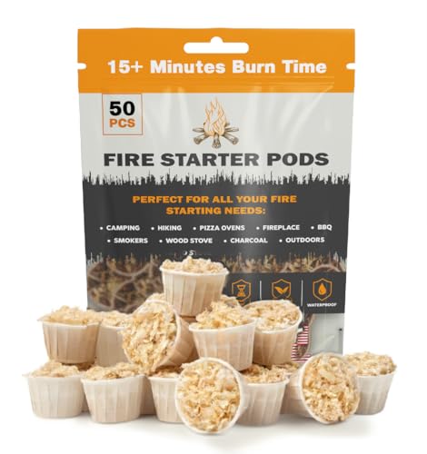 Quick to Light Wax Fire Starters Camping | 15+ Min Burn Time, Fire Starters for Fireplace & Campfire with Waterproof Matches (Pack of 50)