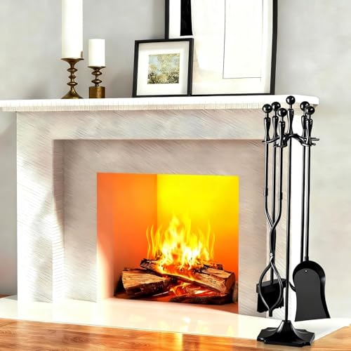 Amagabeli 26.5"(67.3cm) 5 Pcs Fireplace Tools Sets Black Handle Wrought Iron Large Fire Tool Set and Holder Outdoor Fireset Fire Pit Stand Indoor Rustic Tongs Shovel Antique Brush Chimney Poker Wood Accessories Kit