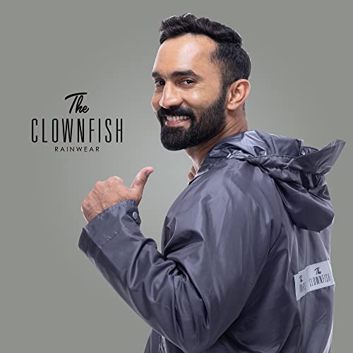 Image of THE CLOWNFISH Solomon Series Men's Waterproof Polyester Double Coating Reversible Raincoat with Hood and Reflector Logo at Back. Set of Top Bottom. Printed Plastic Pouch Rope