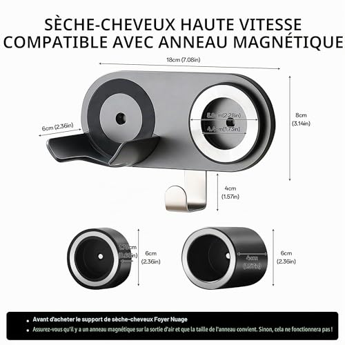 Support sèche-cheveux mural compatible Dyson en aluminium gris avec rangement de câble intégré - 6