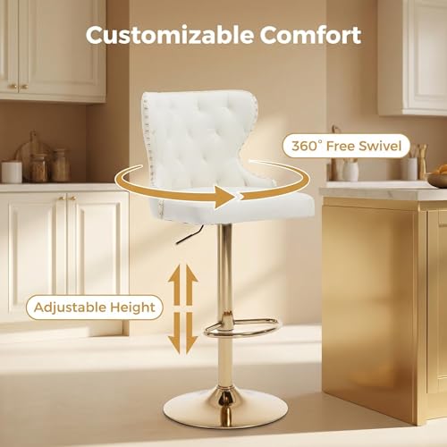 Set de 2 butacos giratorios ajustables, sillas de altura para barra con respaldo alto y acabado en cuero sintético blanco, patas metálicas doradas y reposapiés, para isla de cocina o bar en casa miniatura 5