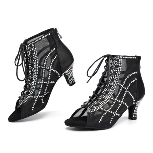 JUODVMP Dance Boots for Women Mesh Latin Salsa Short Sparkling Jazz High Heel Boots2