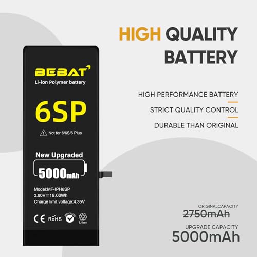 Image of Replacement for iPhone 6s Plus Battery, 5000mAh High Capacity Li-ion Polymer Replacement Battery for Model A1634 A1687 A1699 with Professional Repair Tool Kits