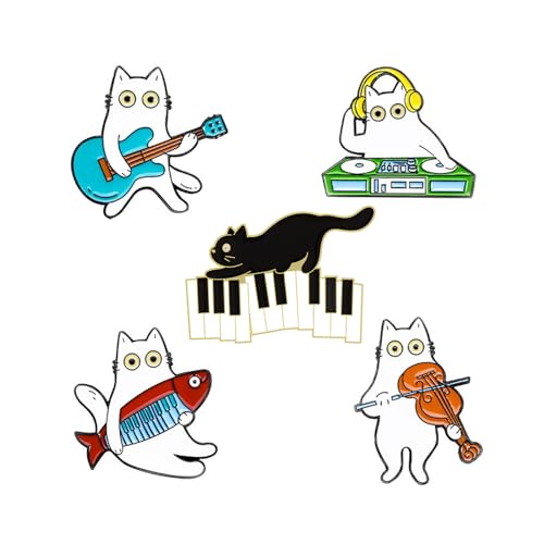 Image of Cute Music Cat Enamel Pins for Backpacks,Cool Cat Band Lapel Pins Set Anime Brooch for Jackets Hats Decoration