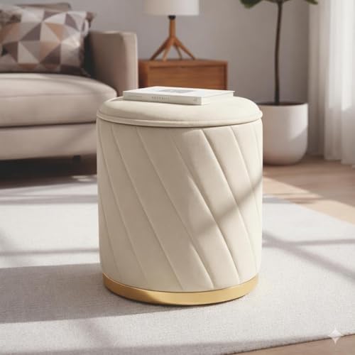 Image of Luxury Velvet Ottoman Stool for Living Room & Bedroom | Premium Round Pouffe with Gold Metal Base | Modern Footrest, Extra Seating & Home Decor (Cream Set of 2)