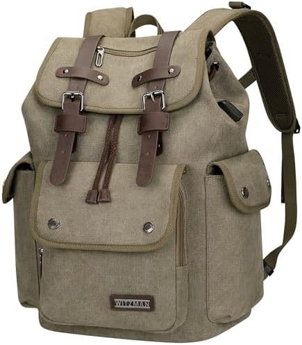 WITZMAN Canvas Reiserucksack Herren Vintage mit 15,6-Zoll-Laptopfach | Kordelzug-Design, Mehrere Fächer und Komfortables Tragen, Ideal für Arbeit, Freizeit und Alltag, A8004 Armeeg