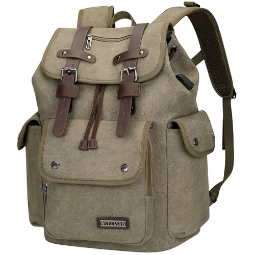 Image of WITZMAN Canvas Backpack for Men Vintage Rucksack Fits 15.6 inch Laptop | Drawstring Backpack, Travel High Capacity Casual Daypack with USB Charging Port, For Vacation, Overnight Trip, A8004 Green