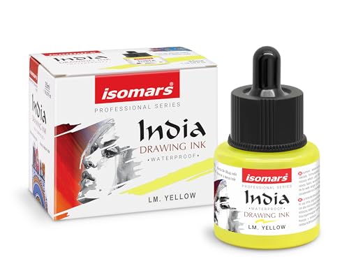 Image of Isomars Waterproof Drawing Ink with Dropper - 35ml | India Ink for Calligraphy, Art, Technical Drawing | Fade-Resistant & Quick-Drying (Lemon Yellow)