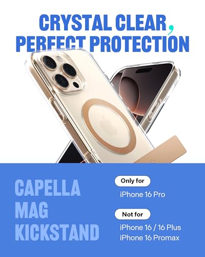 Image of CASEOLOGY by Spigen Capella Mag Kickstand for iPhone 16 Pro Case [Built-in Kickstand] Magnetic Military Grade Drop Protection Back Cover Case for iPhone 16 Pro (TPU and PC | Clear Sepia Gold)