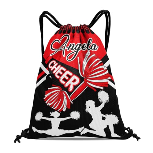 Personalized Name Drawstring Backpack Black Red Cheerleaders Pom Cheer Casual Waterproof Bag for Competition Swimming Gift