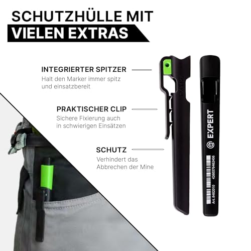 EXPERT DRY All-in-One Markierstifte inkl. Graphitmine | Nachfüllbarer Tieflochmarker mit Minenautomatik | Vielseitig auf Holz, Glas, Metall | Zimmermannsbleistift mit integriertem Spitzer