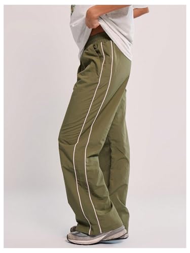 Women's Striped Straight Leg Pants Elastic Waist Casual Trousers with Pockets3