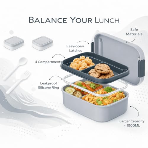 Image of YELONA Lunch Box for Office & Kids 1900ML | Double Layer Leakproof Bento Box with 5 Compartments | Microwave Safe, Built-in Spoon & Fork, BPA Free Tiffin Box - Grey