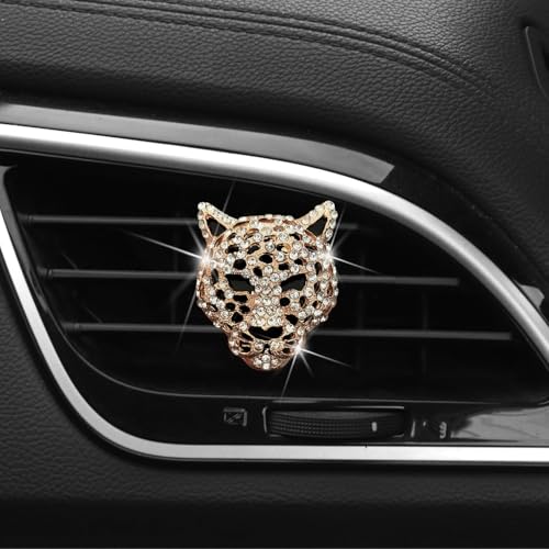 Image of Golden Leopard Head Car Air Vent Freshener Perfume Clip, Rhinestone Car Air Outlet Fragrance Perfume Clip Freshener, Decor（Odor Random）
