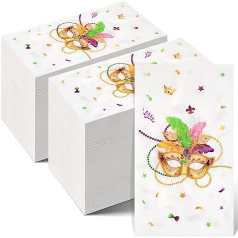 Ragnhild 200 Pcs Mardi Gras Mask Paper Napkins Party Decorations, Masquerade Guest Bathroom Napkins Disposable, Mardi Gras Rectangle Cocktail Napkins for Mardi Gras Carnival Party Supplies, 4.3"x7.9" Cover