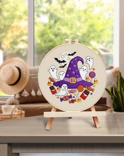 Image of TINDTOP Halloween Embroidery Kit for Adult, Embroidery DIY Starter Kit, with Stamped Patterns, Hoop, Tools, Colorful Threads with Needles, Instructions (Halloween C)