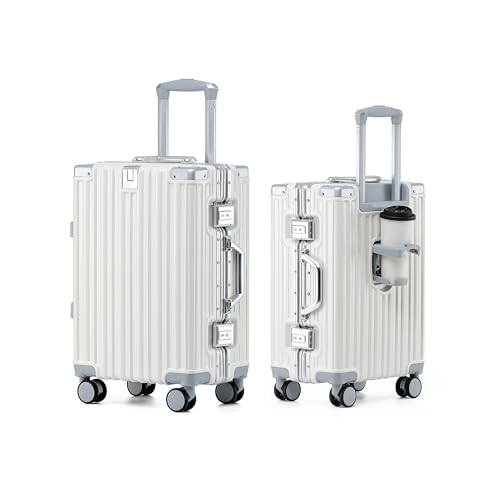 HotWay 20 Inch Aluminum Frame Carry On Luggage with Spinner Wheels, PC Hard Shell Suitcase with Cup Holder, Zipperless Luggage for Business Travel, White
