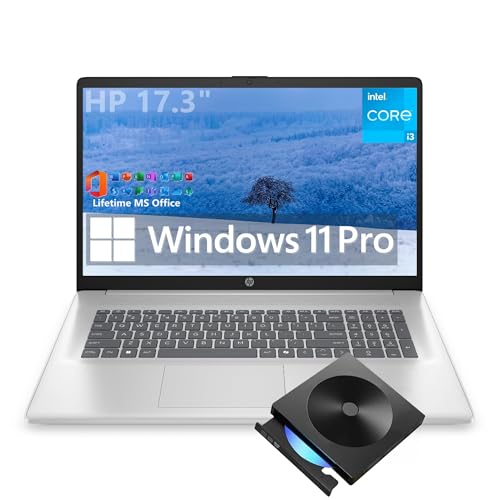 HP 17.3' Laptop Computer, Intel 13th 8-Cores i3-N305 Processor, 32GB RAM, 1TB PCI-E SSD, Windows 11 Pro, Free Lifetime MS Office • Copilot AI, 10-Key Number Pad, External DVD Drive, Natural Silver