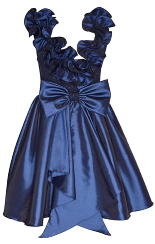 Bonnie Jean Girls 7-16 Navy Taffeta Ruffled Neckline Bow Back Christmas Dress2