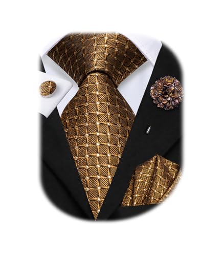 Image of Hi-Tie Men Silk Ties Set with Flower Lapel Pin Necktie Pocket Square Cufflinks for Tuxedo Wedding Business