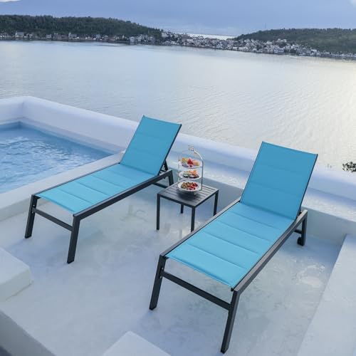 Image of PURPLE LEAF Outdoor Lounge Chairs Aluminum Chaise Lounge Set of 2 Patio Chaise Lounge Chairs with Wheels and Side Table for Poolside Backyard Outside Turquoise Blue