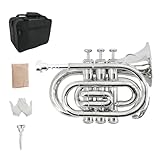 Foyarinal Bb Pocket Trumpet - Brass Pocket Trumpet B Flat Nickel Plated, 7C Mouthpiece, Complete Beginner Kit - Includes Hard Carrying Case, Cleaning Kit, Gloves .(silvery)