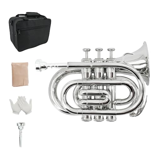 Foyarinal Bb Pocket Trumpet - Brass Pocket Trumpet B Flat Nickel Plated, 7C Mouthpiece, Complete Beginner Kit - Includes Hard Carrying Case, Cleaning Kit, Gloves .(silvery)