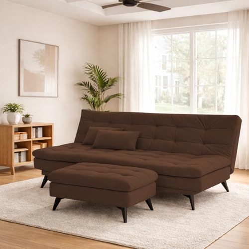 Image of Krancy Solid Wood 3 Seater Sofa Cum Bed with Ottomon | Convertible Wooden Couch for Living Room, Home & Office | Modern Designer Furniture | 1 Year Warranty | Brown Color