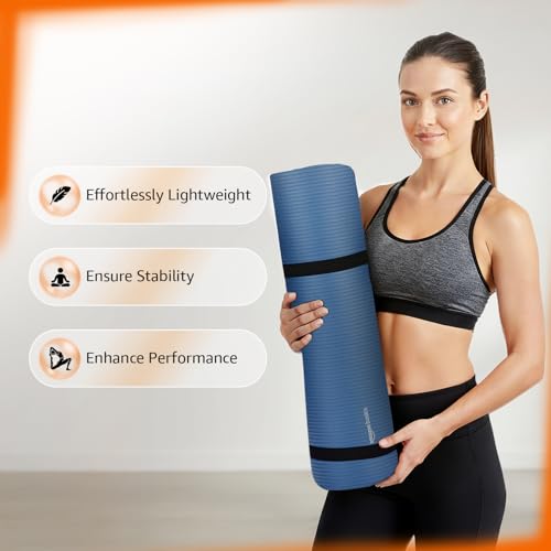 Image of Amazon Basics NBR Yoga & Exercise Mat with Carrying Strap | 10 mm Thick Cushioned Support | Non-Slip Textured Surface | Durable Foam Rubber Material | Floor Protection | Ideal for Yoga, Pilates & Home Workouts | 183 x 61 cm | Blue