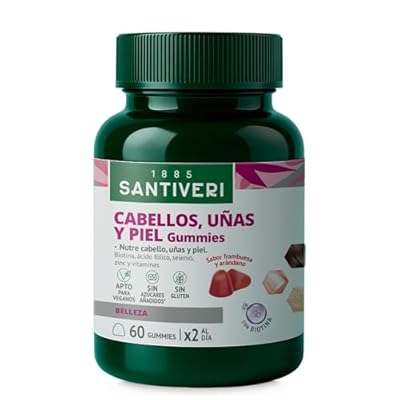 SANTIVERI - Cabellos Uñas y Piel Gummies Complemento Alimenticio a Base de Biotina Vitaminas Zinc y Selenio que Contribuyen a Mantener el Estado del Cabello Uñas y Piel - 60 Gominolas