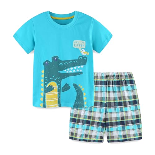 Image of HILEELANG Toddler Boy Summer Short Clothes Sets Cotton Crewneck Tees Shorts Pocket Adjustable Knite Shorts Playwear Sets