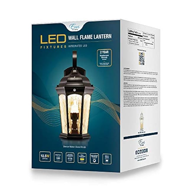 Euri Lighting EFL-130W-MD Flickering Flame Porch Light, Water Glass, with Integrated Security Light (3000K), Motion-Sensor, Dusk-to-Dawn, Oil Rubbed Bronze Housing