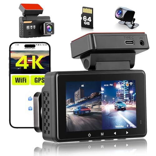 Dash Cam 4K Front and 1080P Rear Full HD Dash Camera for Cars with ADAS & Blind Spot Detection, Built-in GPS & WiFi, 3' IPS Screen, G-Sensor, Loop Recording, Free 64GB Card Included, Support 128GB Max