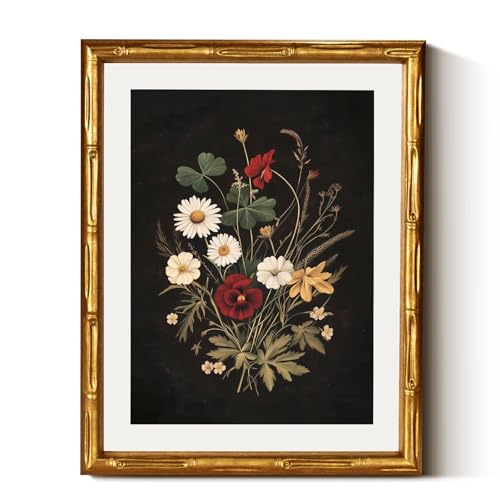 InSimSea Gold Bamboo Framed Canvas Wall Art, Dark Academia Botanical