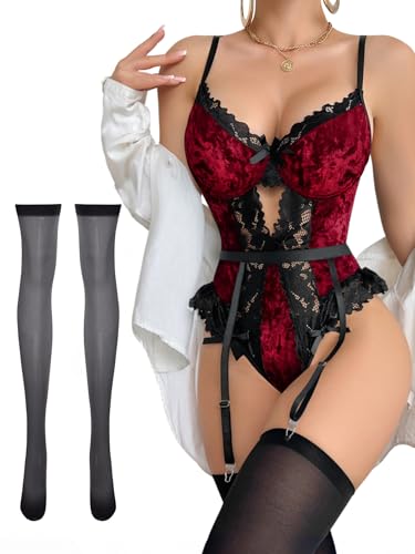 Image of Lilosy Sexy Stocking Lace Mesh Bodysuit Top Underwire Garter Lingerie Set 3 Piece