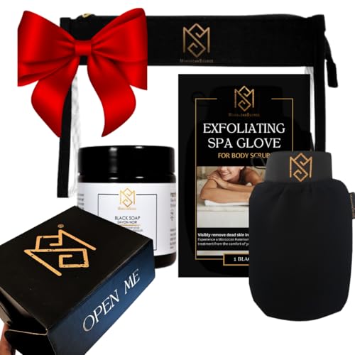 Exfoliating Glove Kessa Mitt Body Scrubber – Dead Skin Remover Shower Glove for Deep Pore Cleansing, Black Soap, and Moisturizer by Moroccan Source – 3 Piece Spa Set Kit