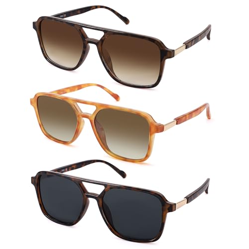 AZorb 3Pack Retro Square Aviator Sunglasses for Women Men - Trendy Rectangle Flat Aviator Sun Glasses Vintage Shades