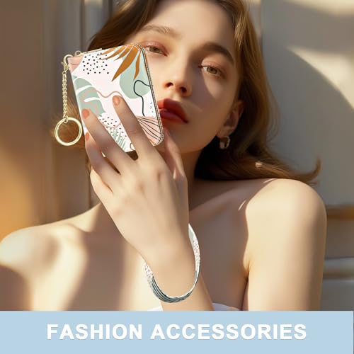 Image of Aiawoxc Credit Card Holder, Small RFID Wallet Slim Leather Card Organizer Case with Zipper and Wristlet Strap, Boho Leaves