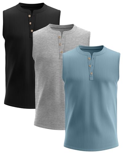 3 Pcs Men's Big and Tall Tank Top Ribbed Plus Size Sleeveless Henley Shirt Crewneck T Shirt 1X-5X2