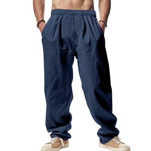Summer Mens Linen Pants Solid Color Casual Loose Fit Elastic Waist Drawstring Breathable Baggy Pants with Pockets