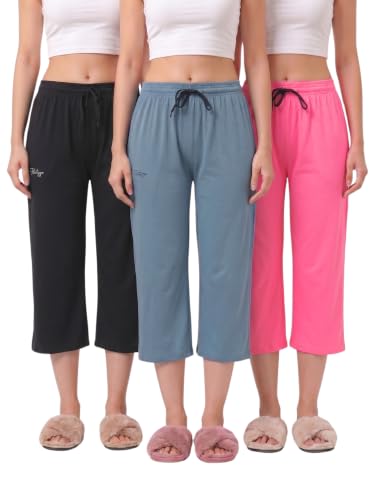 Image of Fflirtygo Women's Cotton Plain Calf Length Capri | Nightwear Pajama | 3 /4th Solid Pyjama Pant | Black Navy and Lavender Lounge Pants | Casual wear & Lounge Wear Capri Combo (Pack of 3)