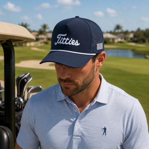 Image of Curves & Clubs Titties Golf Hat - Funny Golf Hat, Titties Hat - Funny American Hat - Men's Gifts (Cotton, White-Black)