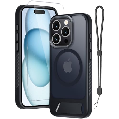 RMOCR for iPhone 15 Pro Case with Screen Protector+Lanyard Wrist Strap Magnetic Translucent Matte Rugged Slim Phone Cover Built in Invisible Kickstand [Fit for MagSafe] Black
