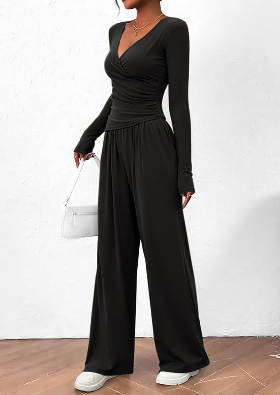 Tuta Donna Casual 2 Pezzi Completi Sportiva Maniche Lunghe Scollo a V Wrap Top e Pantaloni a Gamba Larga con Tasche Slim Fit Tute da Ginnastica Lounge Set per Jogging Yoga Fitness Autunno